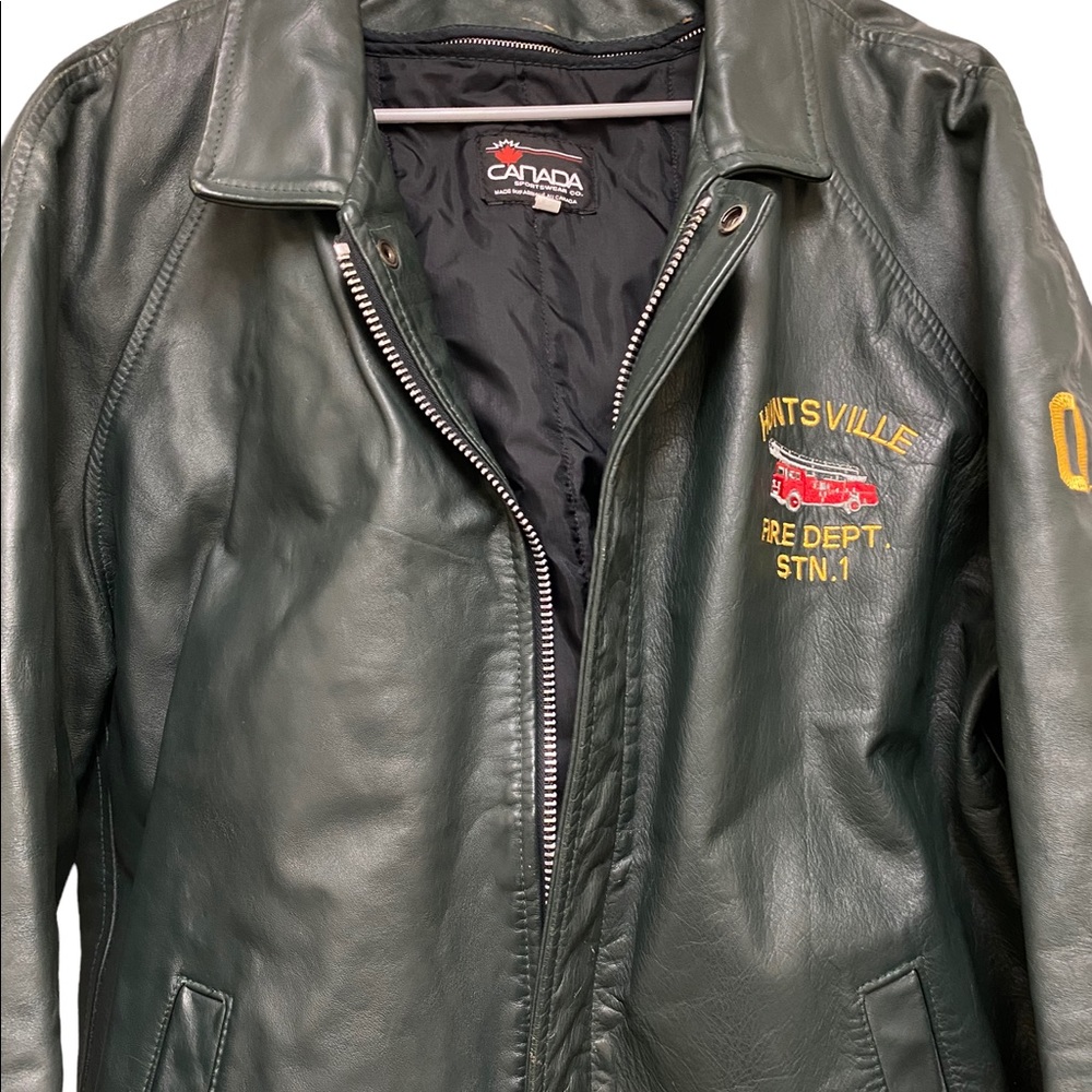 Fire Fighters Green Leather Jacket Logos Sz L
